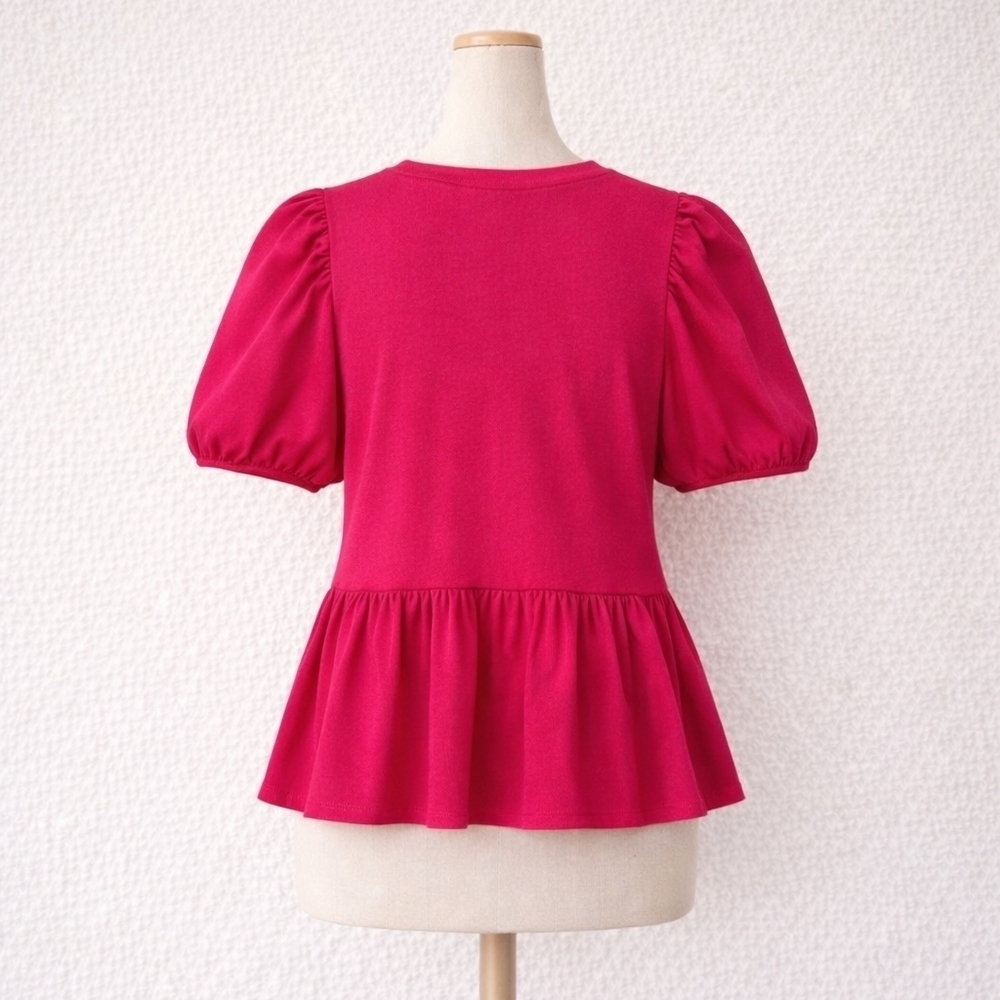 English Factory Hot Pink Peplum Babydoll Feminine Top Puff Sleeves Size Medium - Picture 2 of 10